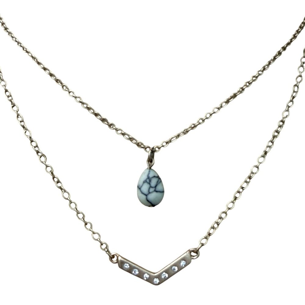 Layered Gold-Tone Necklace With Chevron Rhinestone‎ Bar & Faux Turquoise Pendant